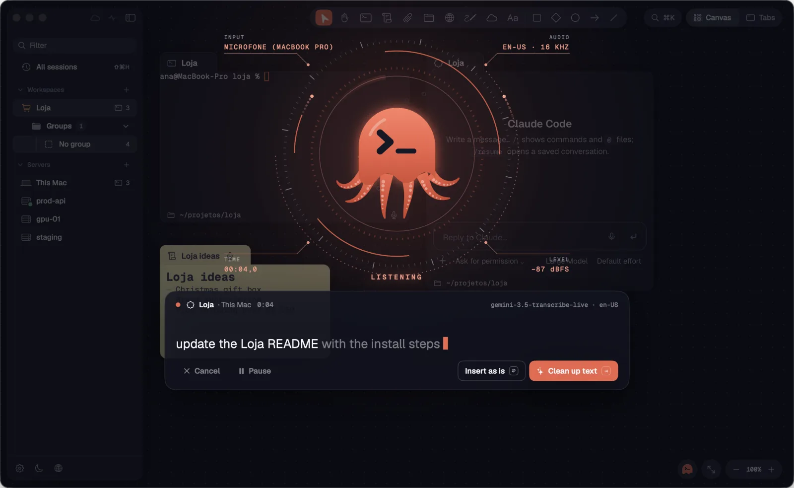 The octopus listening, with the live text in the panel