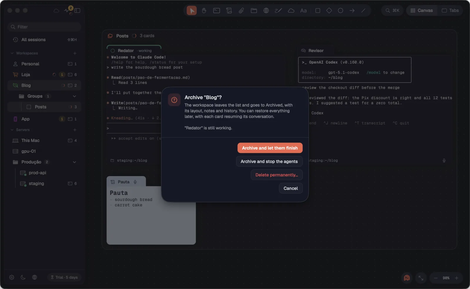 The question when you archive a workspace with agents working.