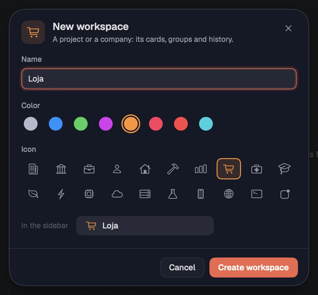 The “New workspace” sheet, with name, color and icon.