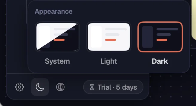 The sidebar footer with the theme panel open.