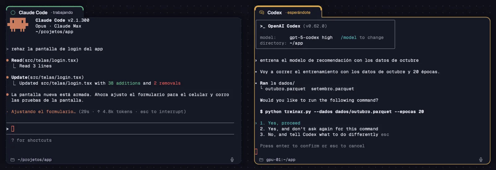 Claude Code y Codex lado a lado, uno trabajando y el otro esperándote