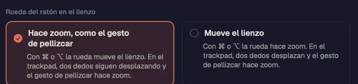 La opción de la rueda del ratón en Ajustes › General.