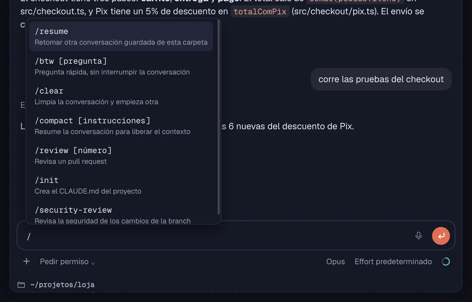 El menú de comandos del chat