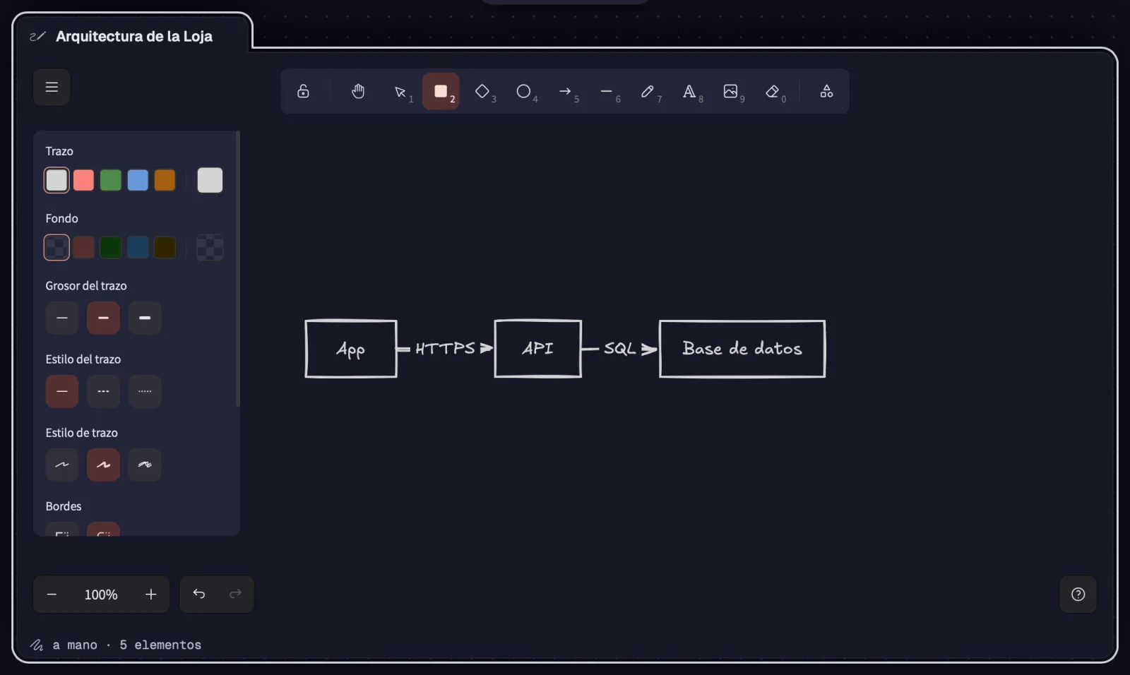 El Draw seleccionado, con la barra de herramientas de Excalidraw