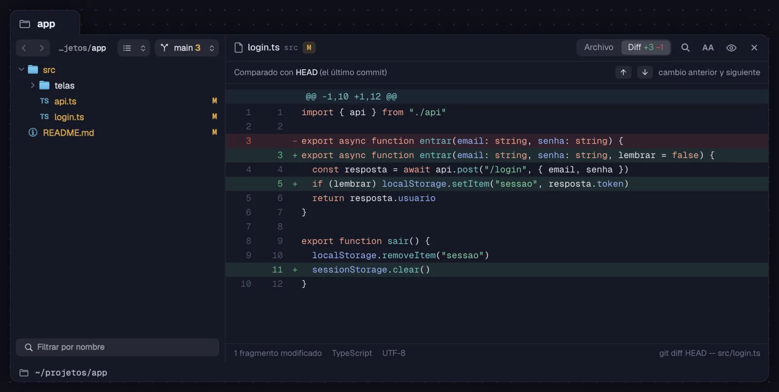 Un archivo modificado abierto en el diff