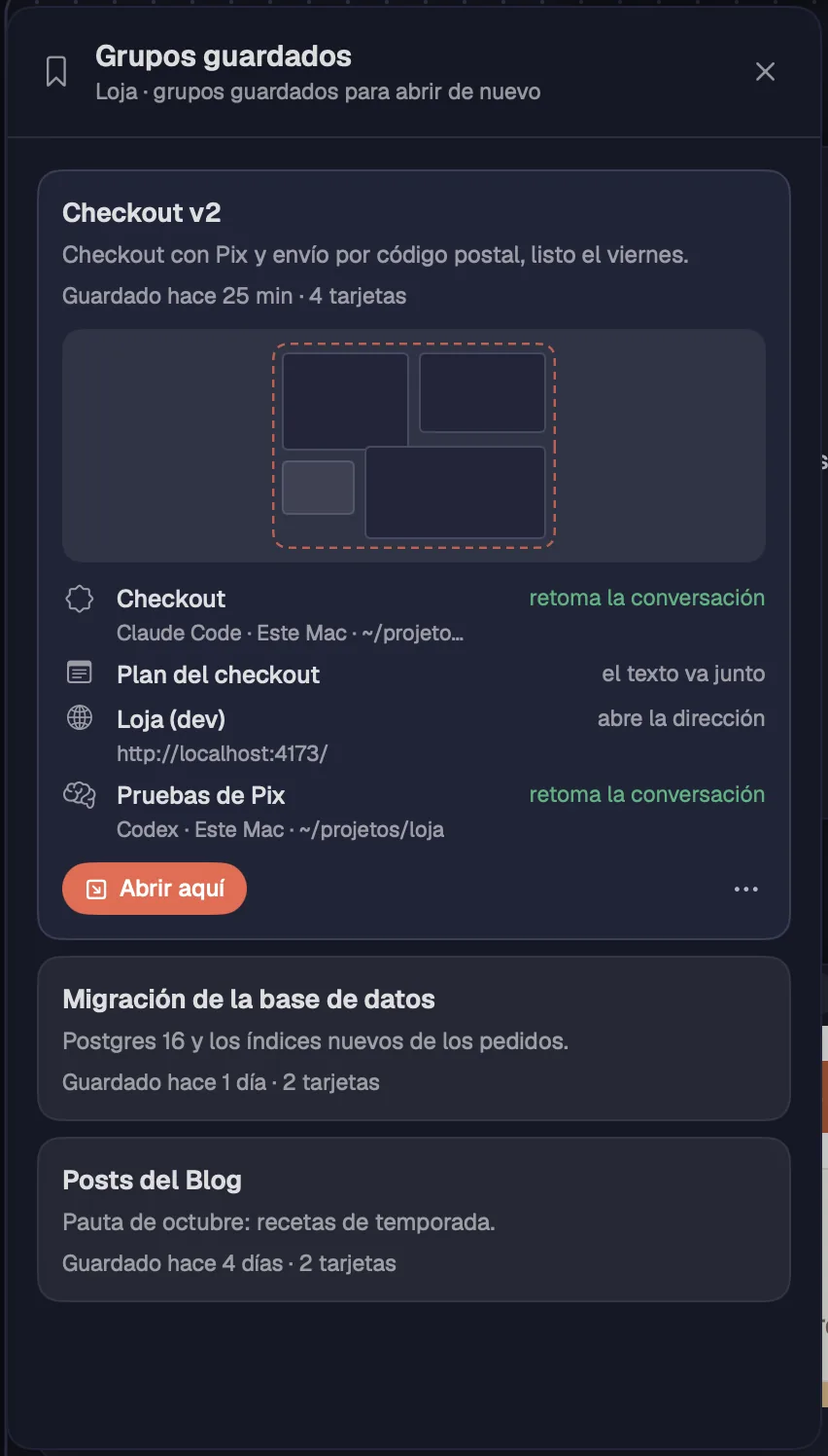 El panel Grupos guardados con un grupo abierto