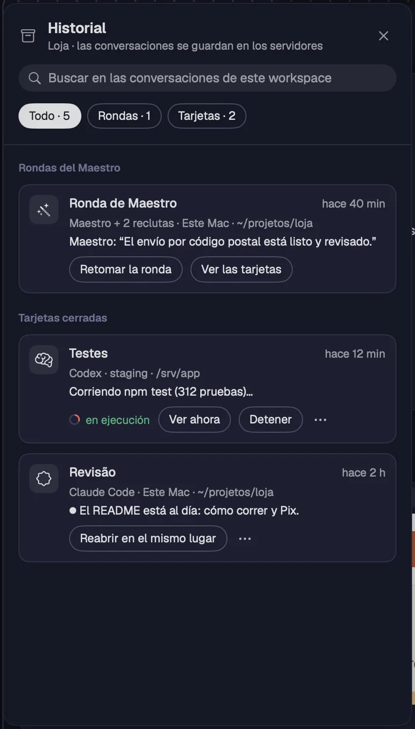 El Historial con una ronda del Maestro y tarjetas cerradas