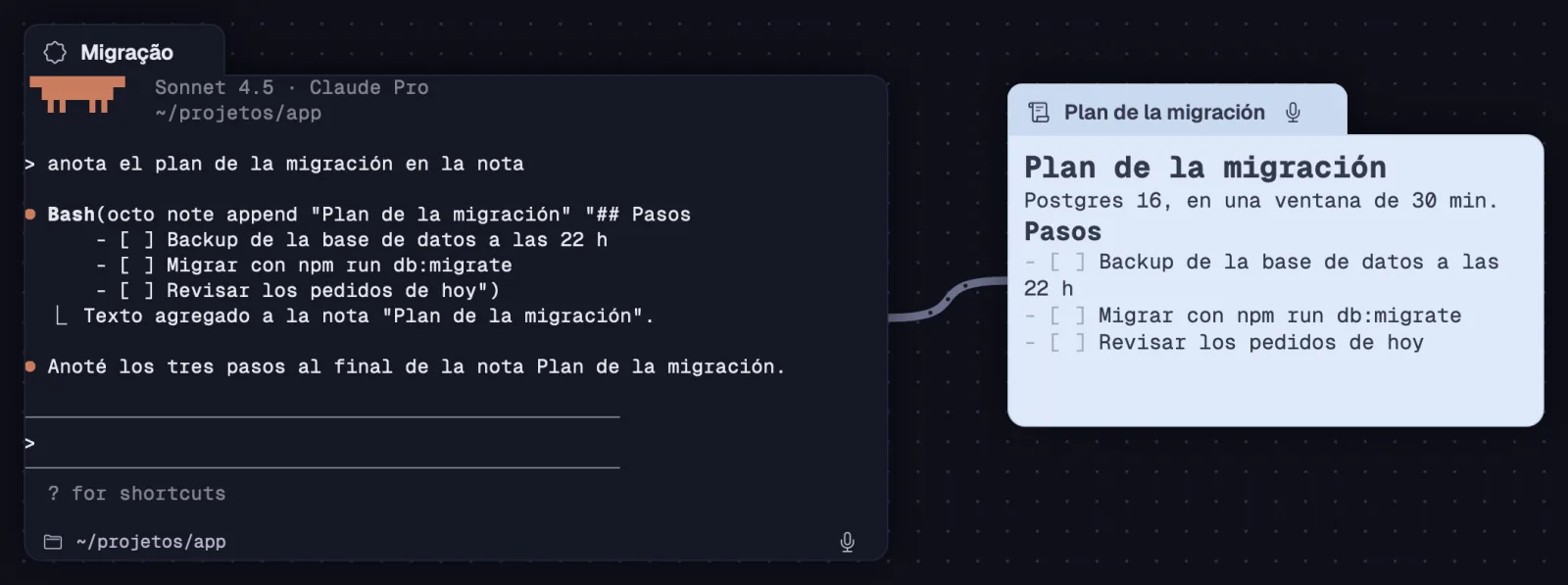 Una nota conectada a un Claude Code que escribe en ella