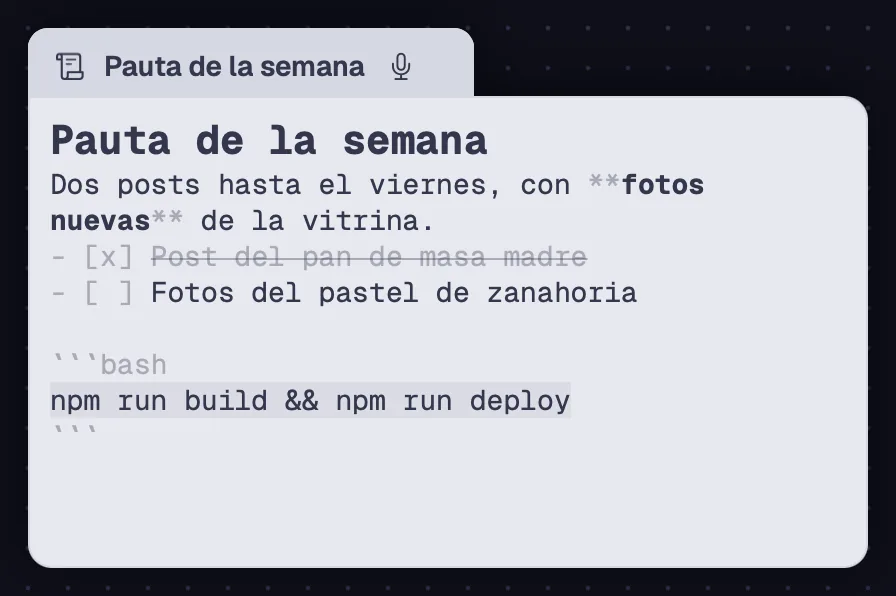 Una nota con título, lista de tareas y código