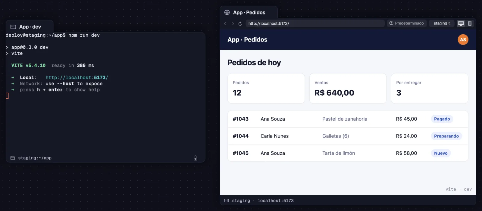 La app de desarrollo del servidor staging en el portal