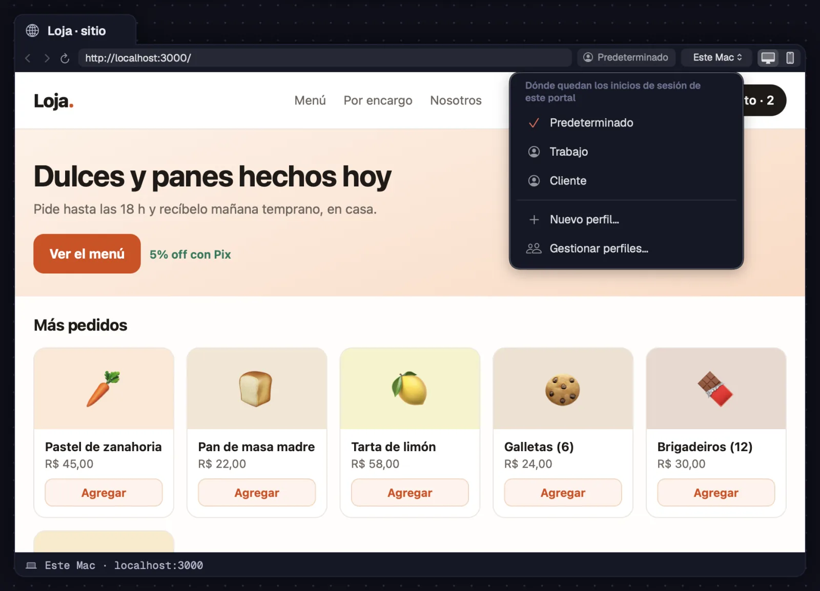 El panel de los perfiles en el chip de la barra