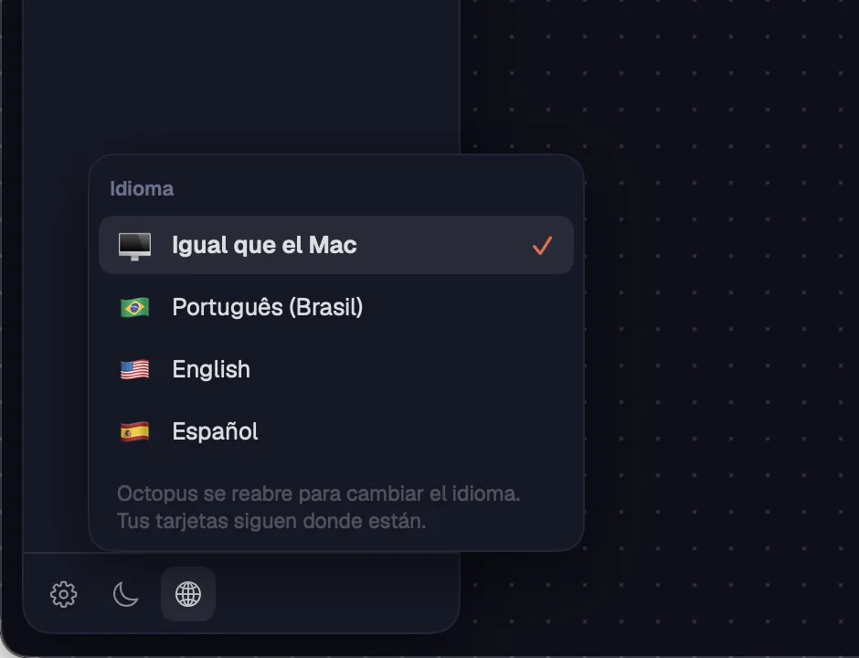 El globo al pie de la barra lateral, con los idiomas