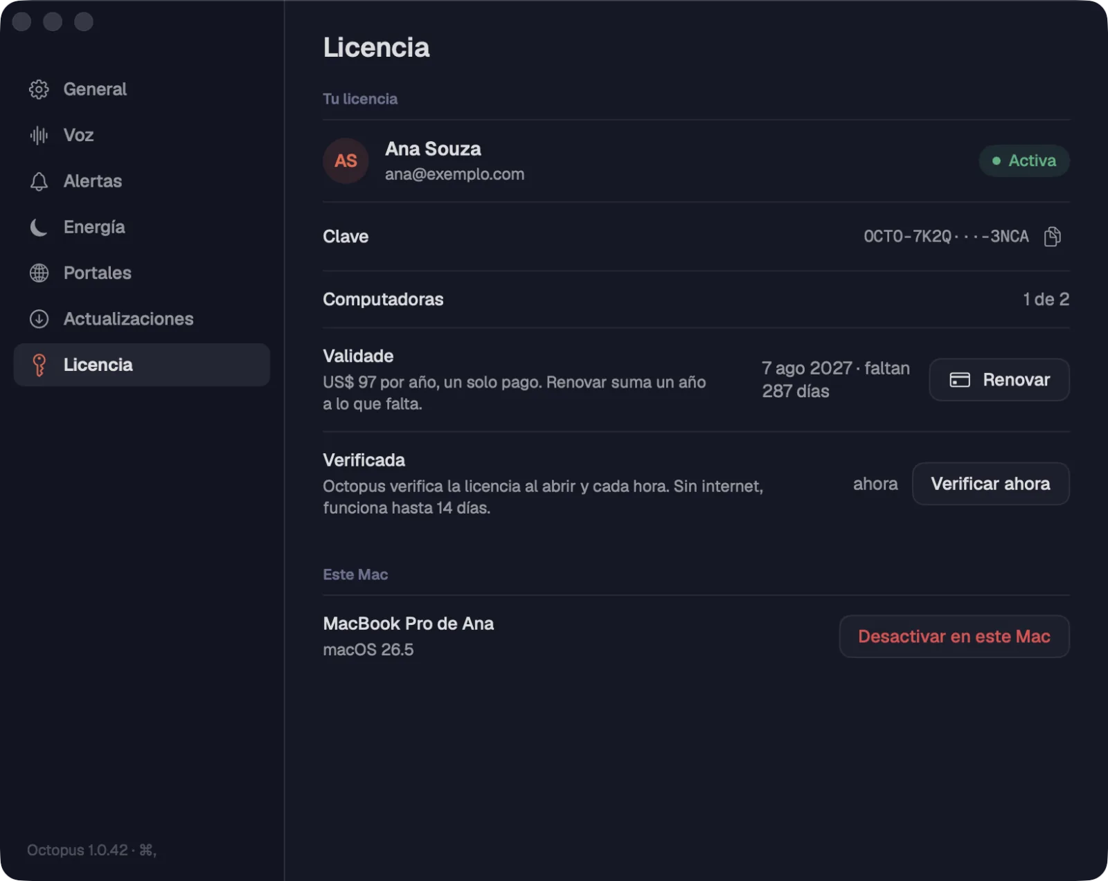 Ajustes › Licencia con una licencia anual