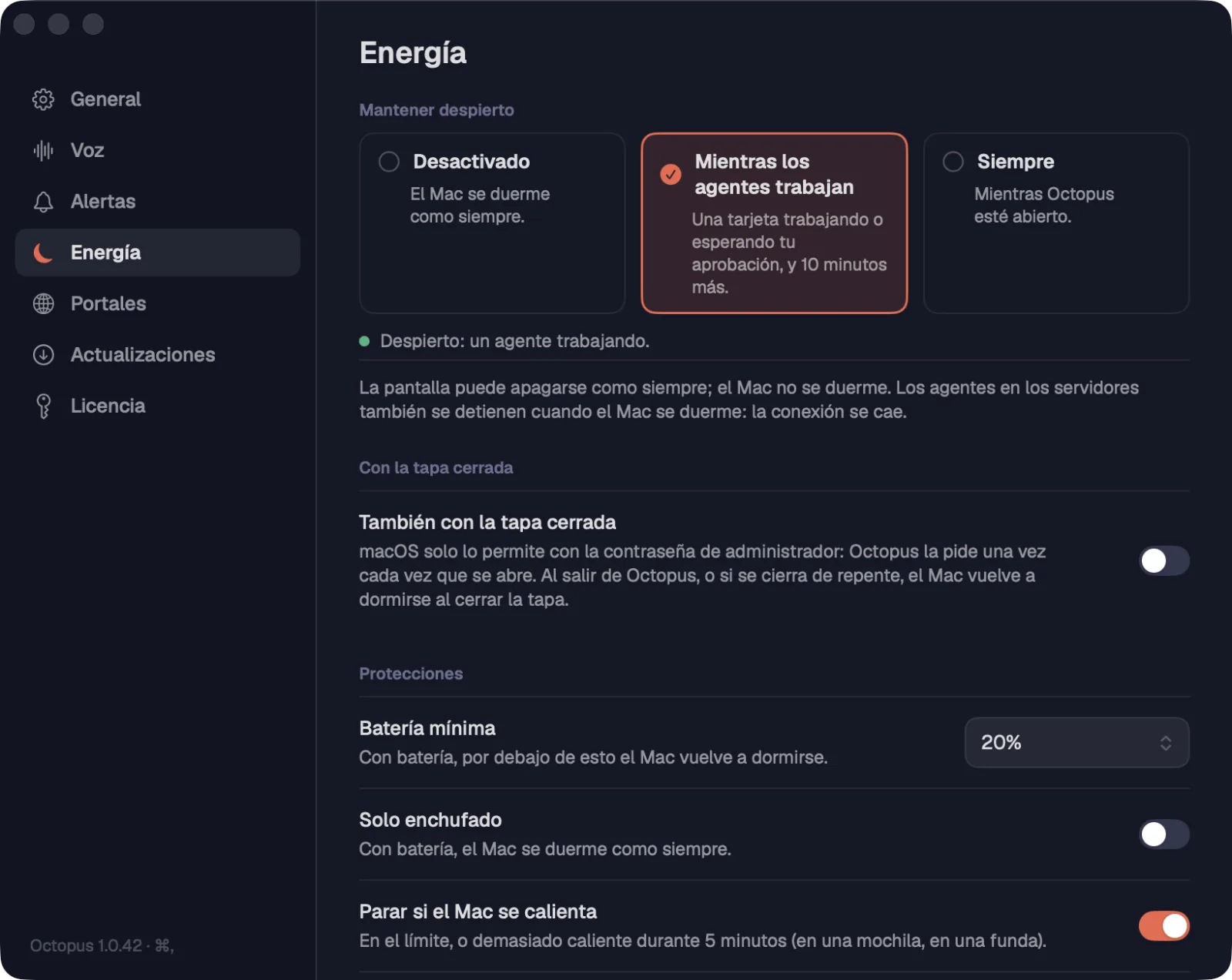Ajustes › Energía con un agente trabajando