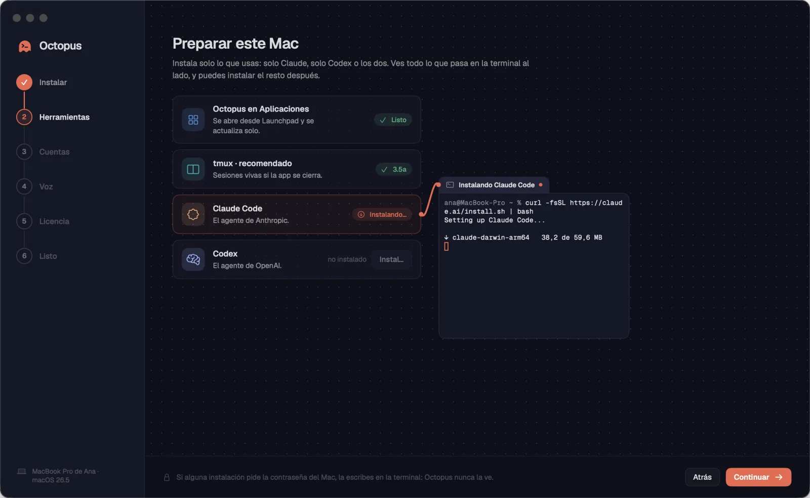 El paso “Preparar este Mac” (“Preparar este equipo” en Windows y Linux), con la terminal de la instalación al lado.