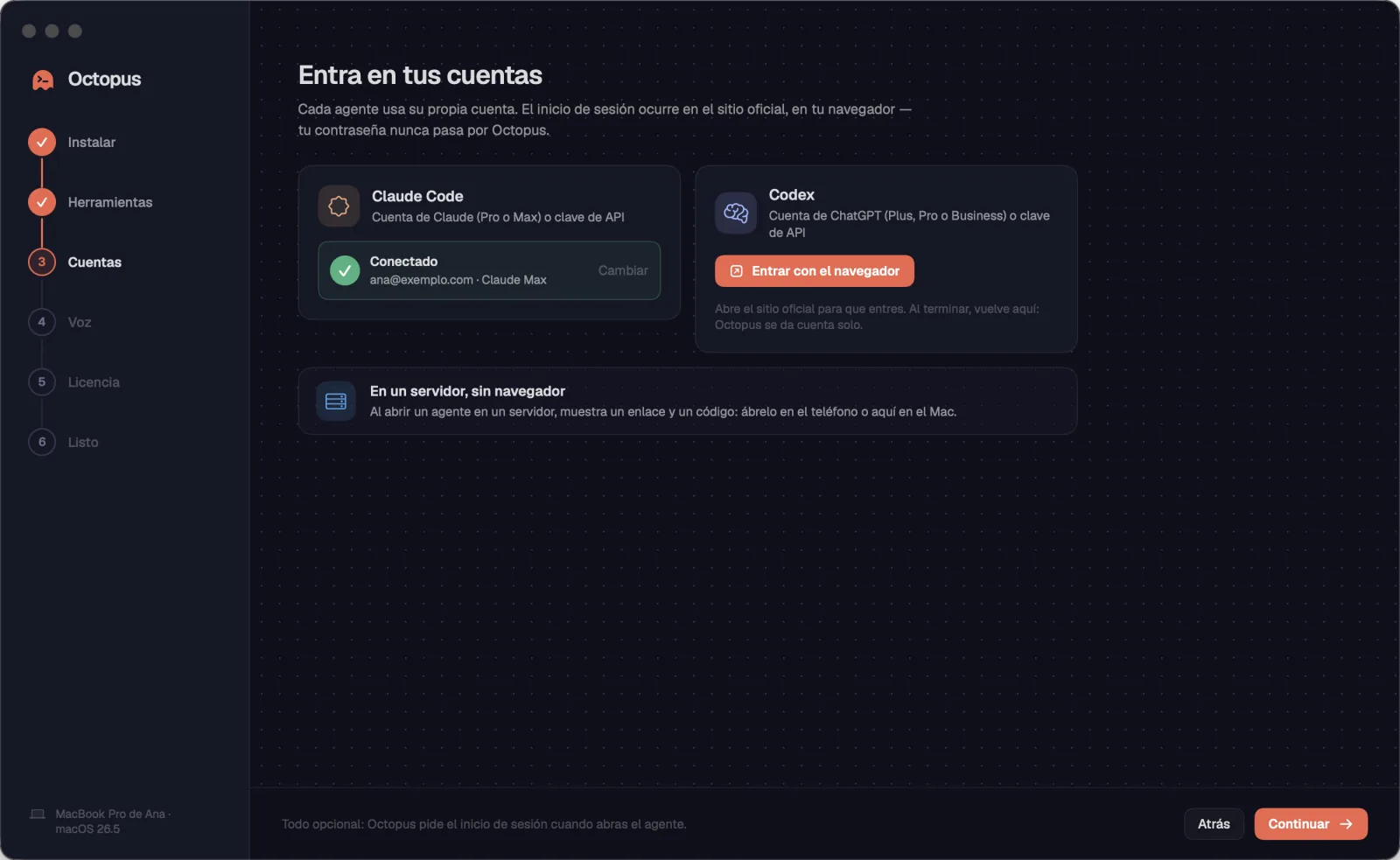 El paso “Entra en tus cuentas”, con Claude Code conectado.