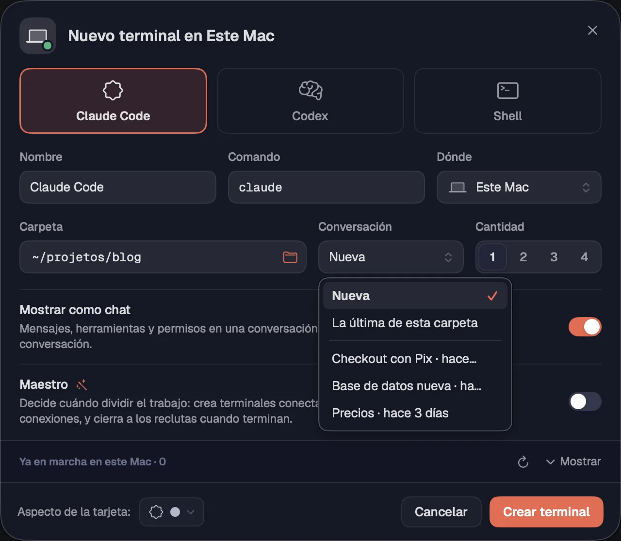 El menú Conversación con las conversaciones guardadas de la carpeta