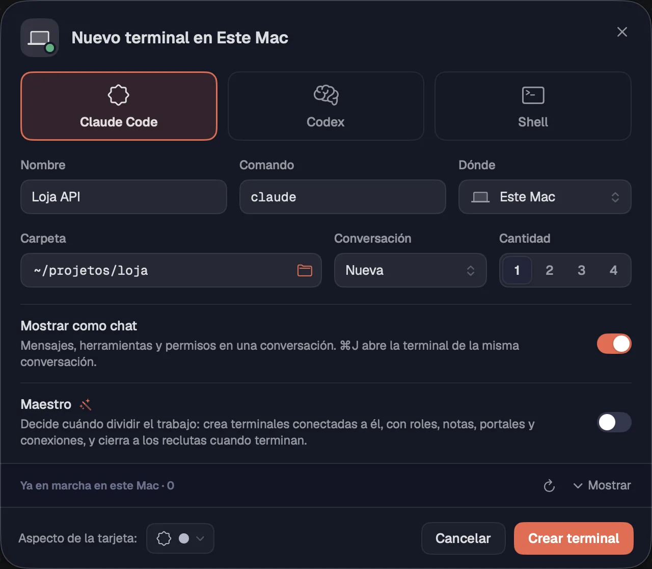 La hoja Nueva terminal con Claude Code elegido