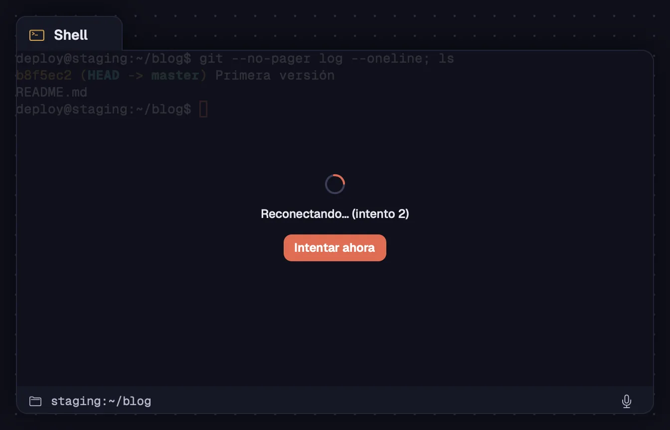 Una terminal de servidor reconectando, con Intentar ahora