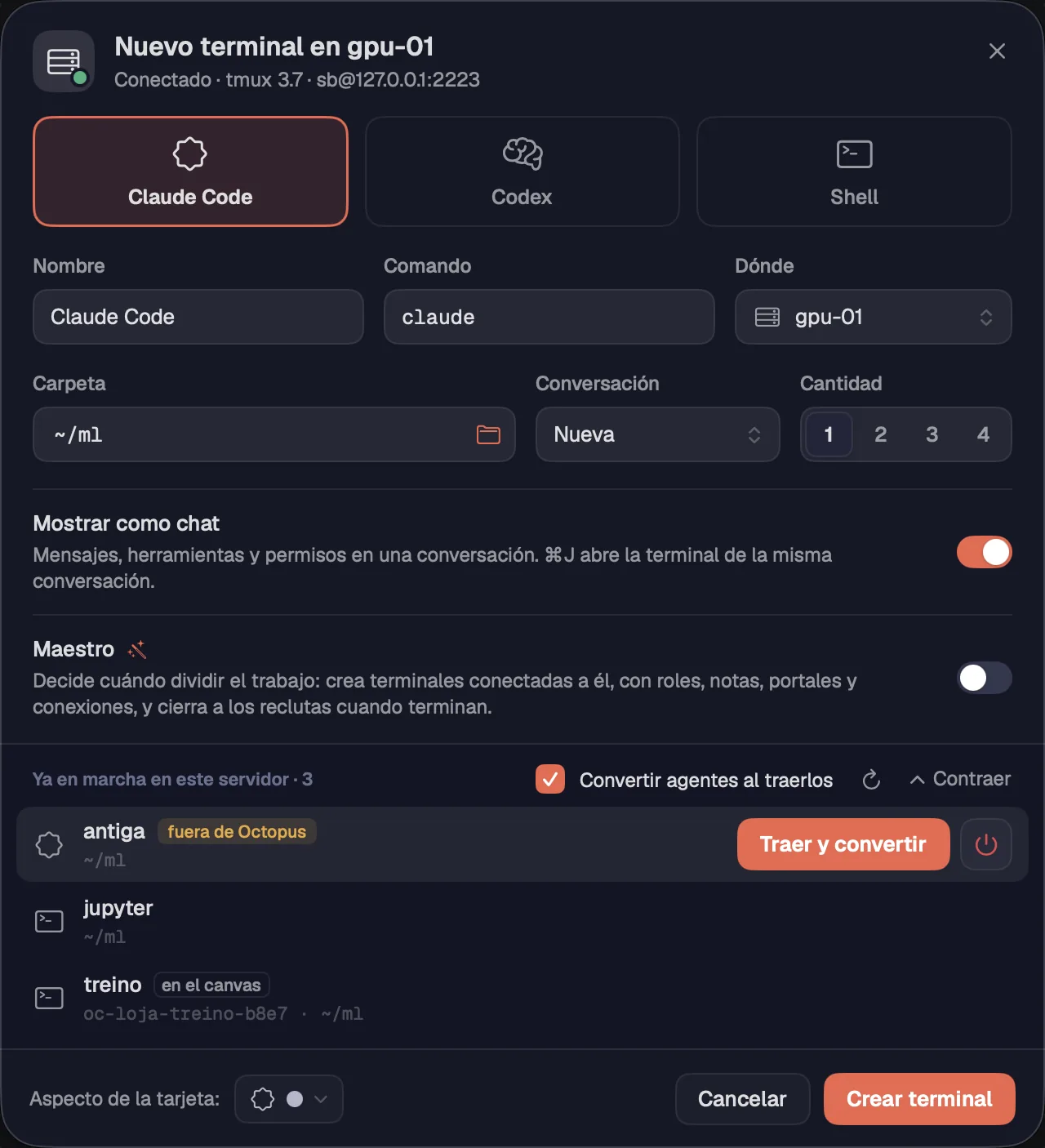 Nueva terminal en gpu-01 con las sesiones que ya corren allí