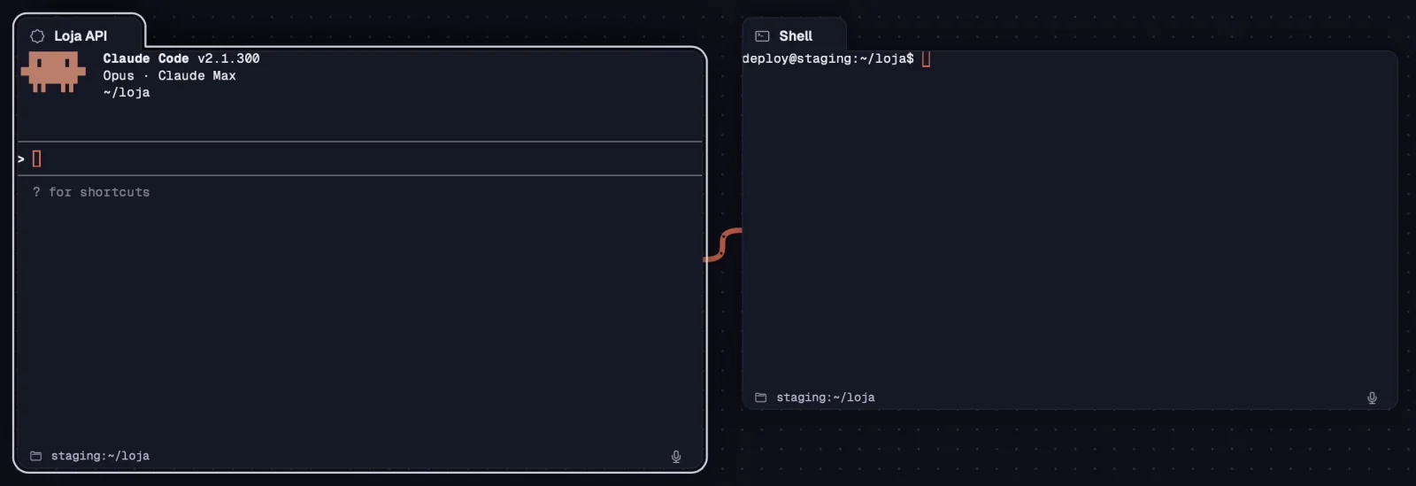 Un Claude Code con el Shell al lado, conectados por un cable