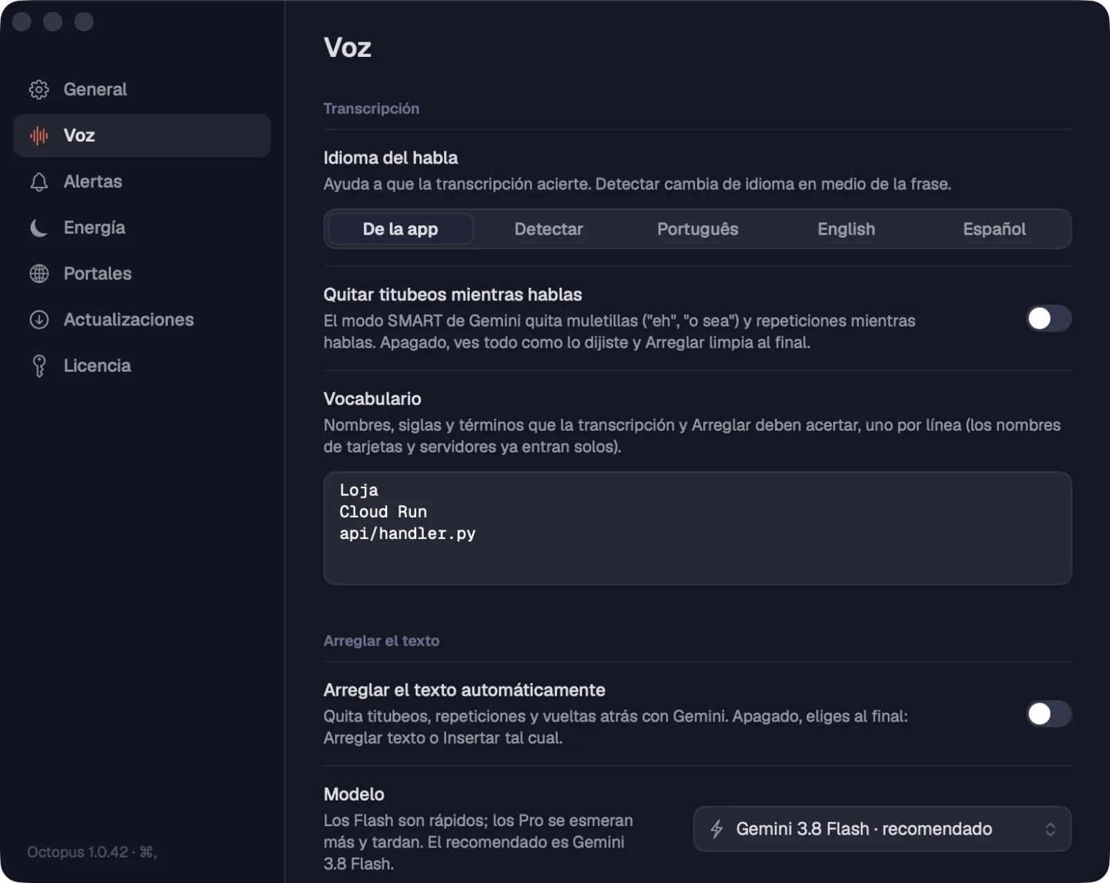 Ajustes › Voz: transcripción y Arreglar el texto