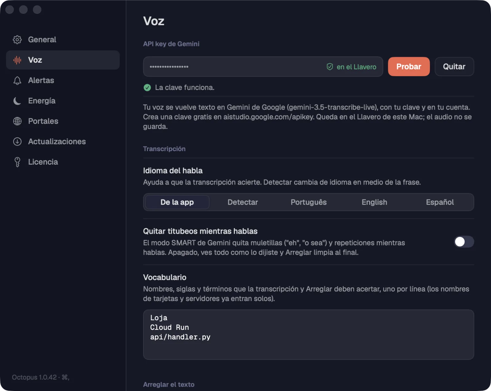 La clave guardada y verificada en Ajustes › Voz