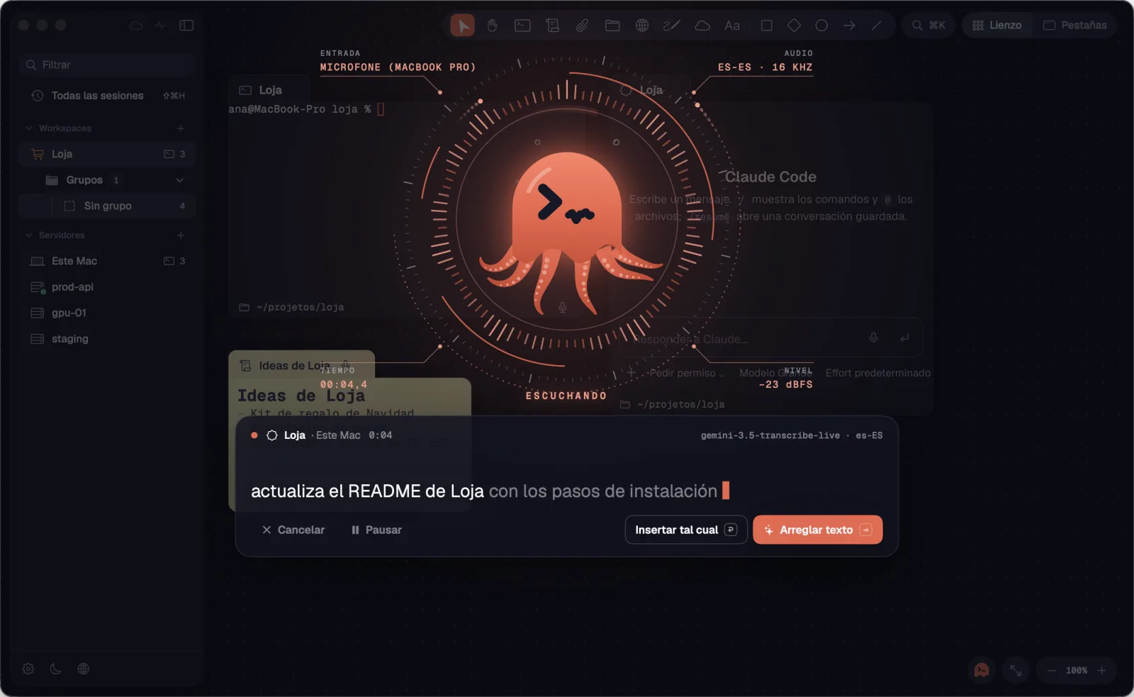 El pulpo escuchando, con el texto en vivo en el panel