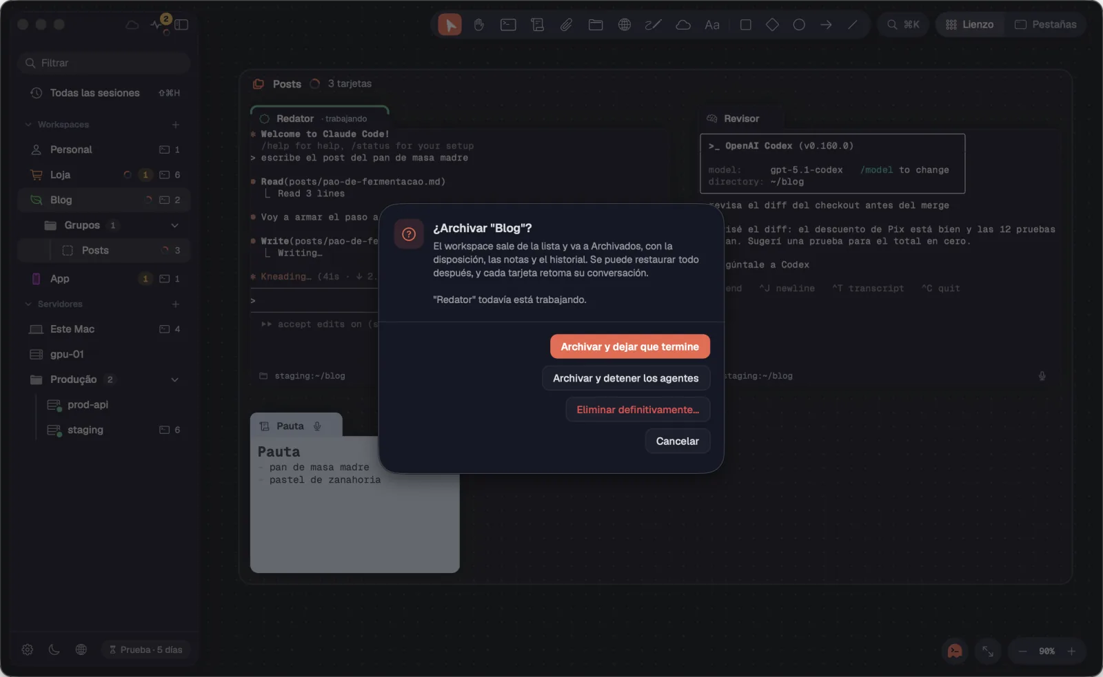 La pregunta al archivar un workspace con agentes trabajando.