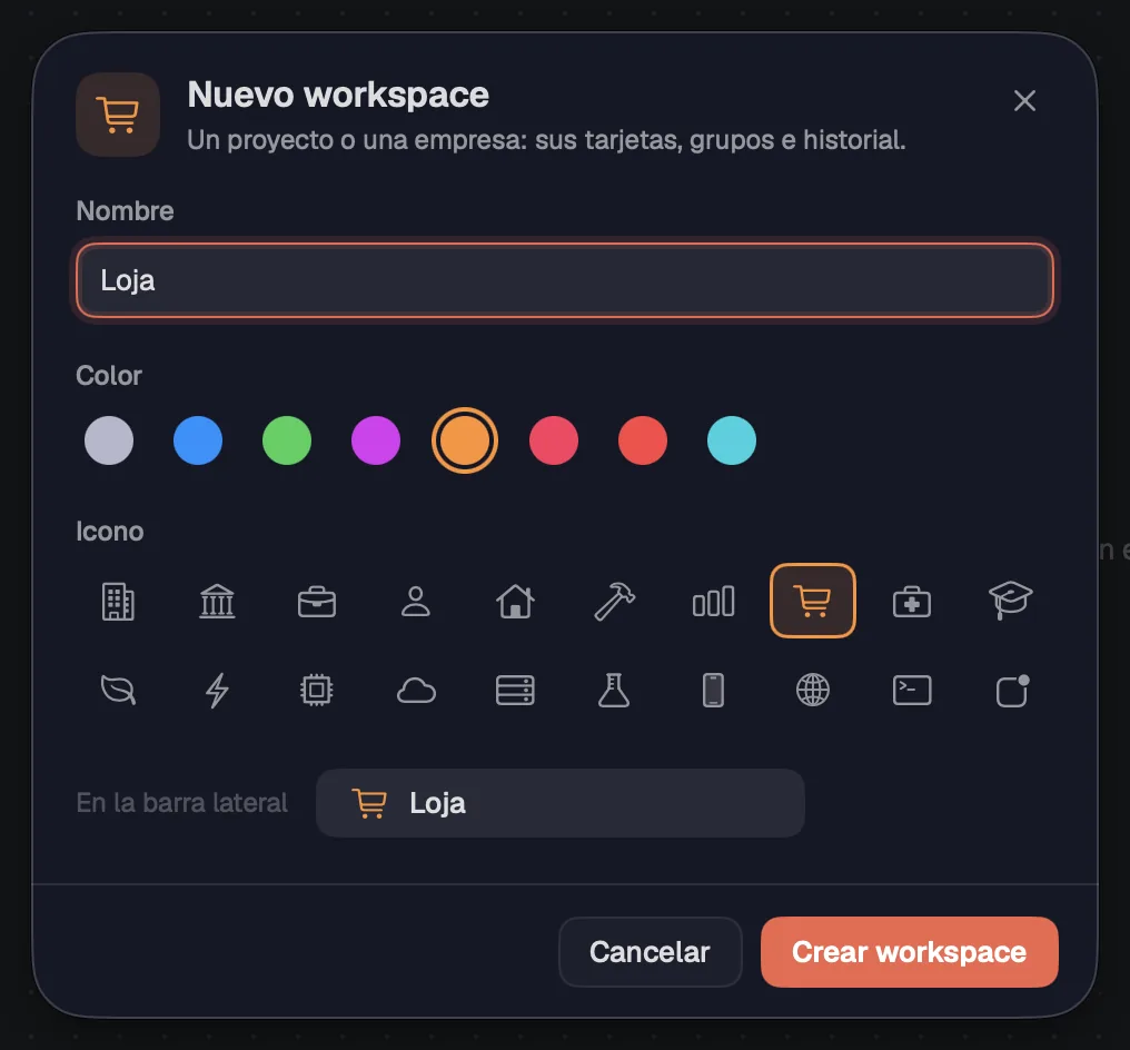 La hoja “Nuevo workspace”, con nombre, color e ícono.
