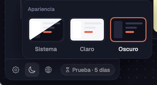 El pie de la barra lateral con el panel del tema abierto.