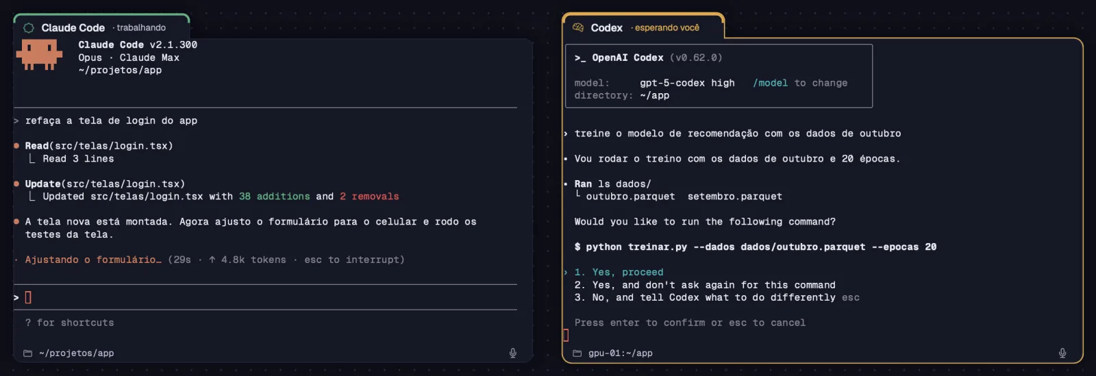 Claude Code e Codex lado a lado, um trabalhando e outro esperando você