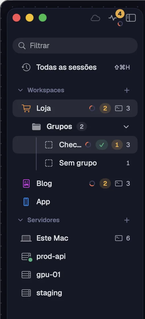 O workspace Blog, fechado, com um alerta e o spinner