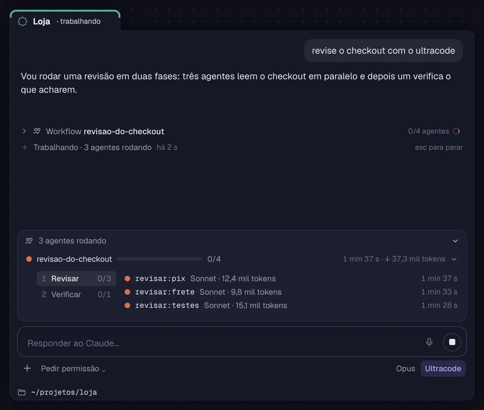 A caixa de agentes rodando e um Workflow na conversa