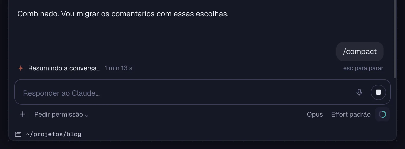 A linha de status enquanto a conversa é resumida