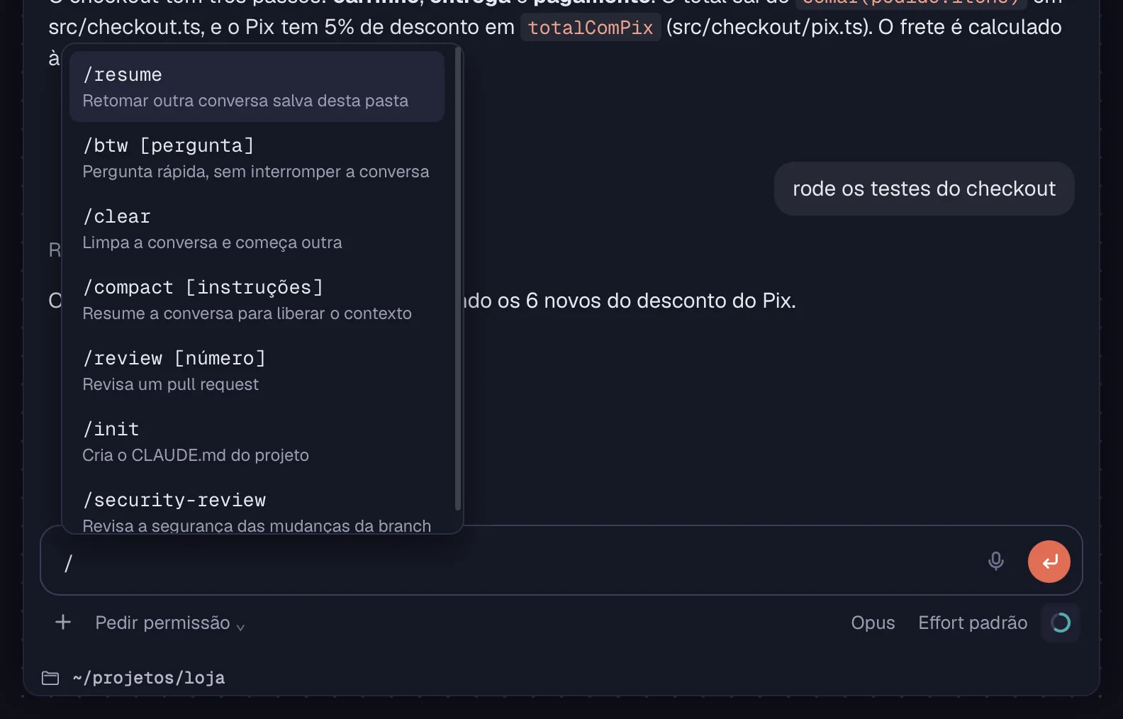 O menu de comandos do chat