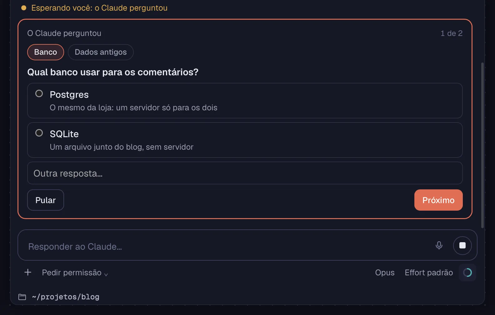 Duas perguntas do agente, uma de cada vez