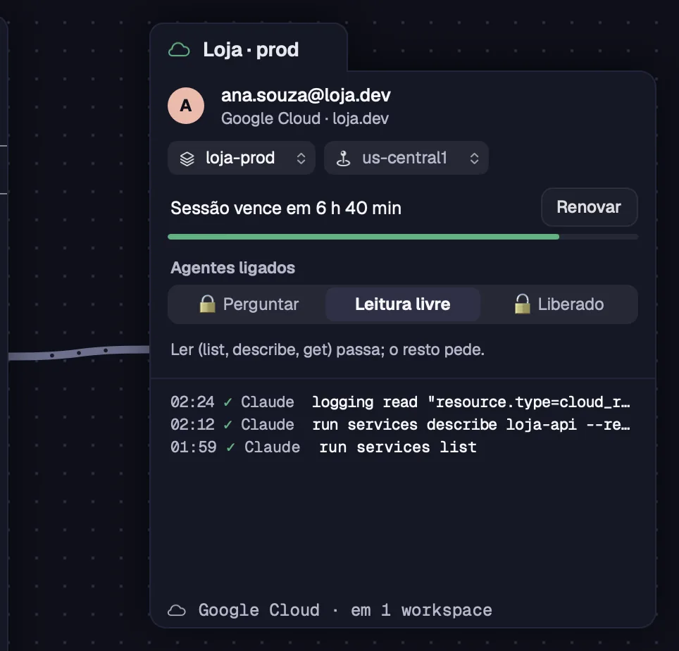 O cartão da conta, com a sessão, o modo dos agentes e o registro
