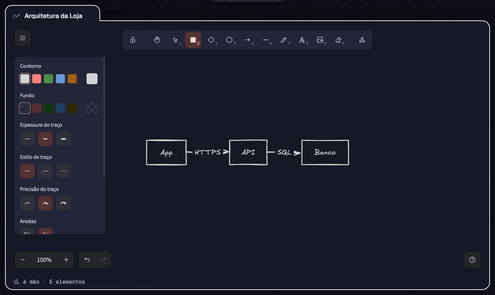 O Draw escolhido, com a barra de ferramentas do Excalidraw