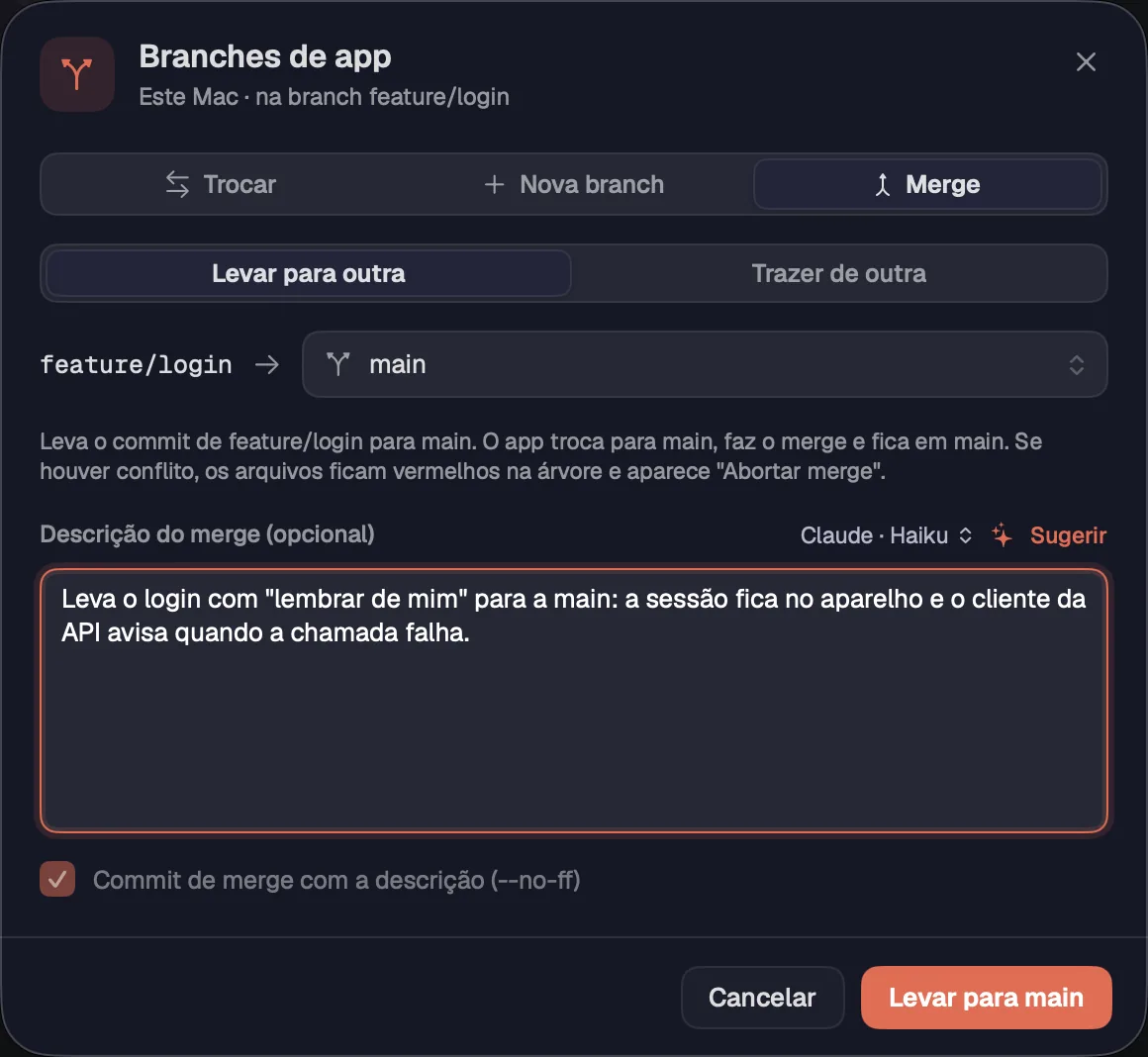Merge: levar a branch para main