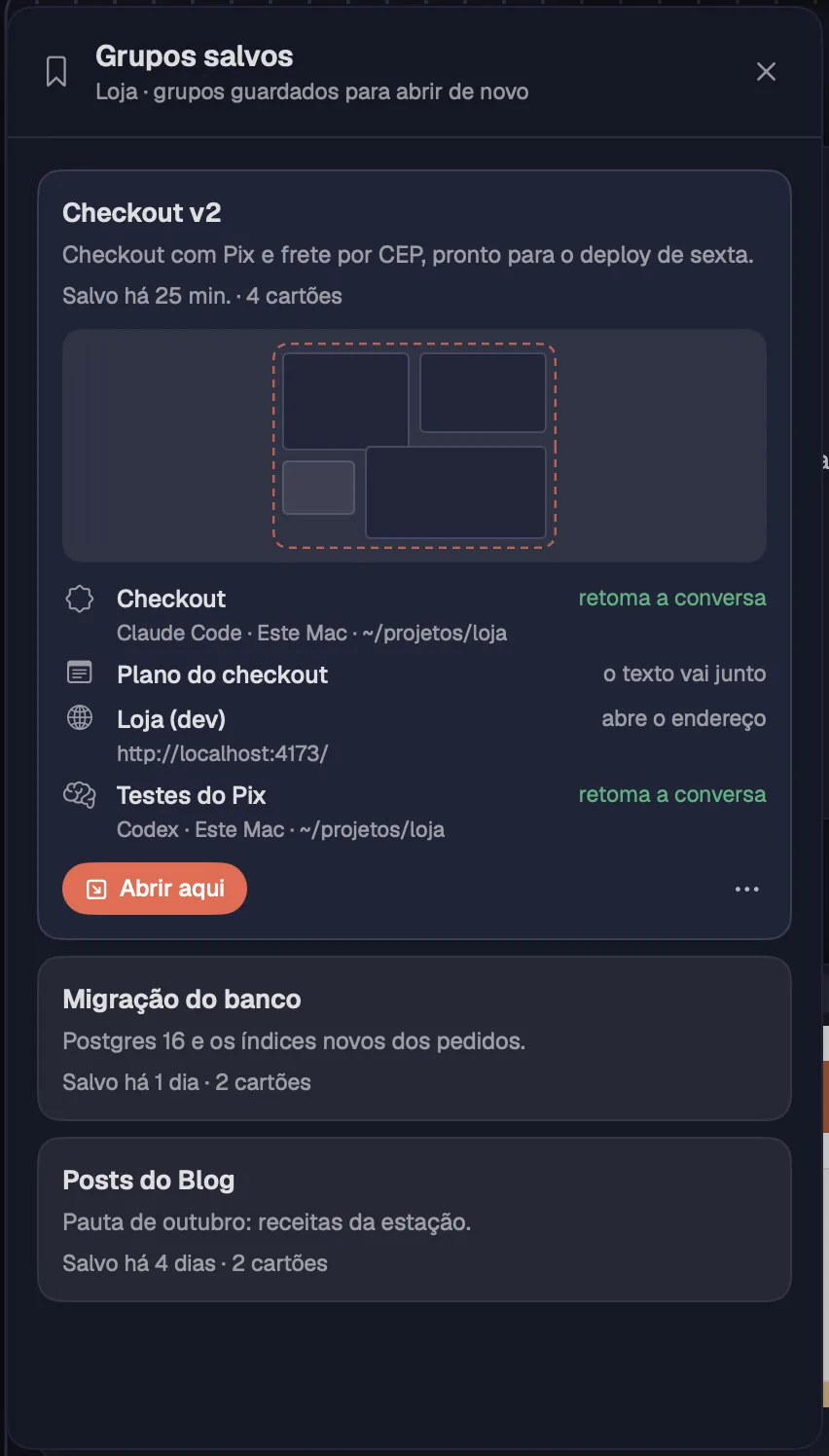 O painel Grupos salvos com um grupo aberto
