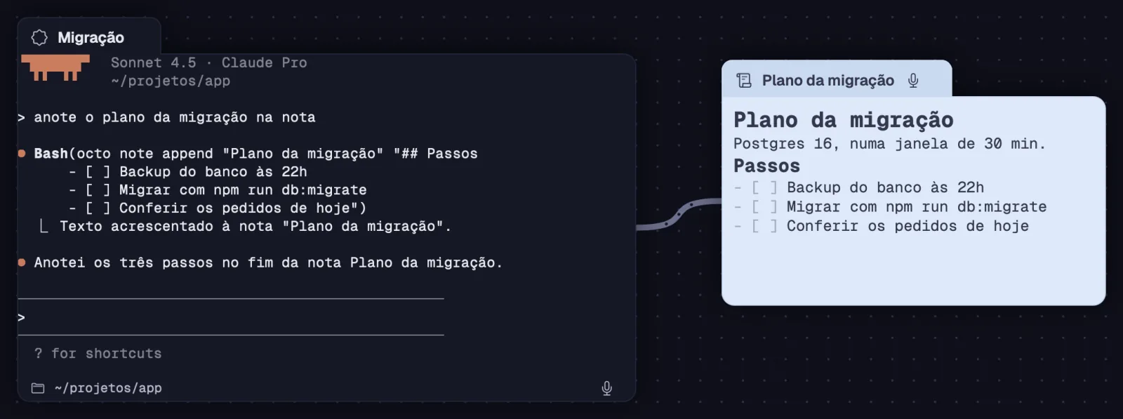 Uma nota ligada a um Claude Code que escreve nela