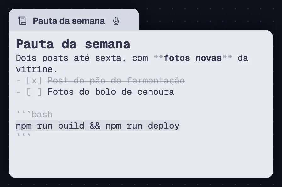 Uma nota com título, lista de tarefas e código