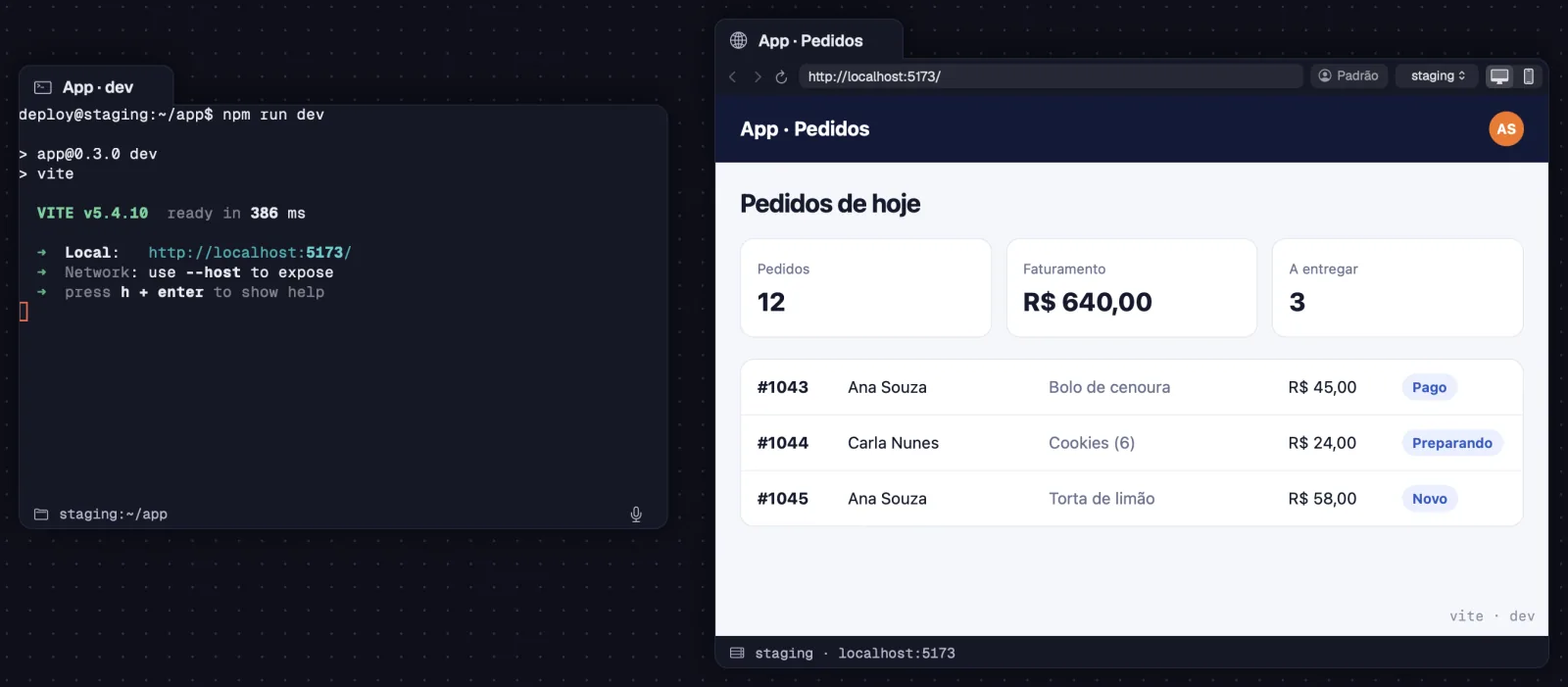 O app de desenvolvimento do servidor staging no portal