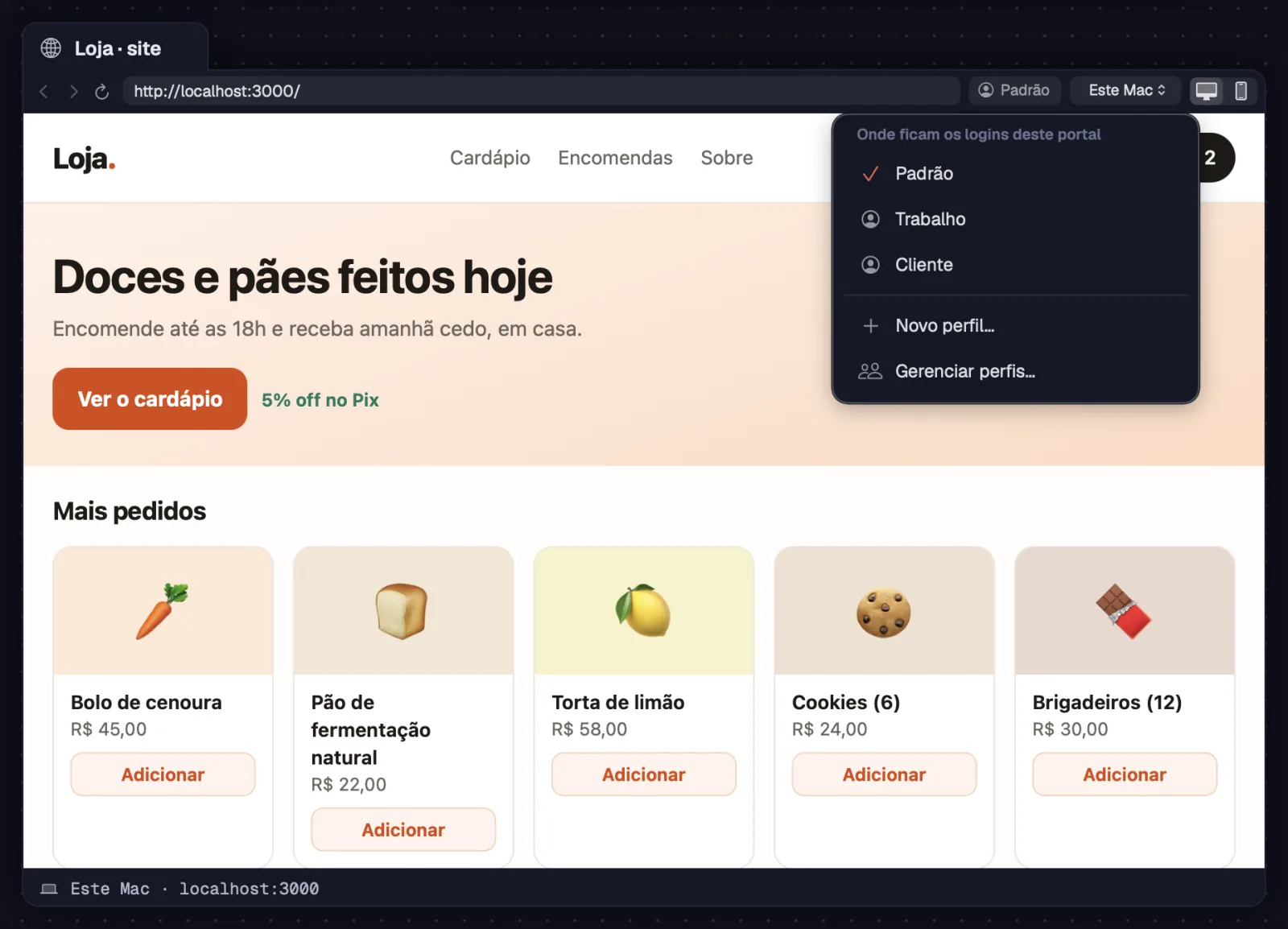 O painel dos perfis no chip da barra