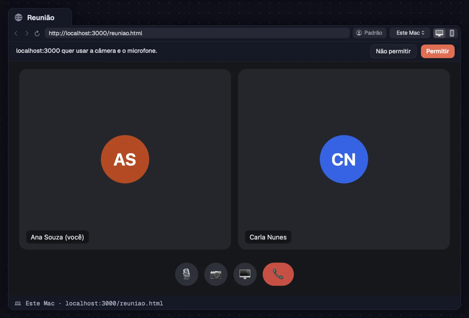 Um site pedindo a câmera e o microfone