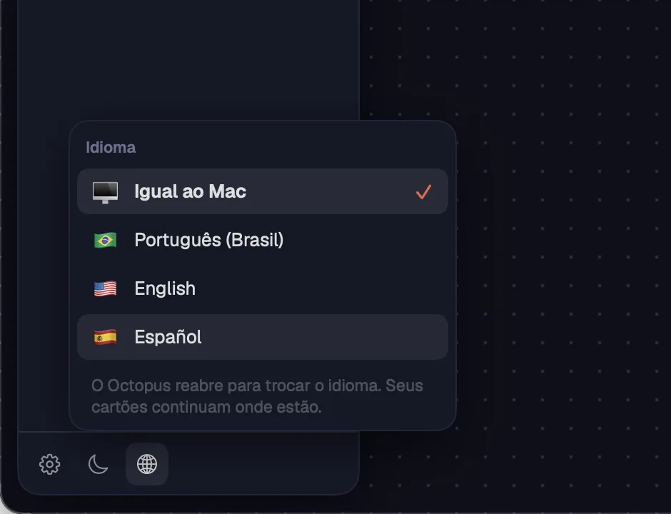 O globo do rodapé da barra lateral, com os idiomas