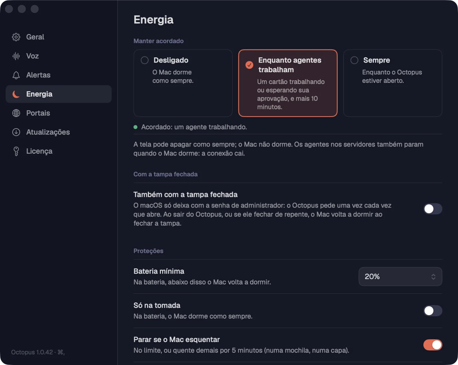 Ajustes › Energia com um agente trabalhando