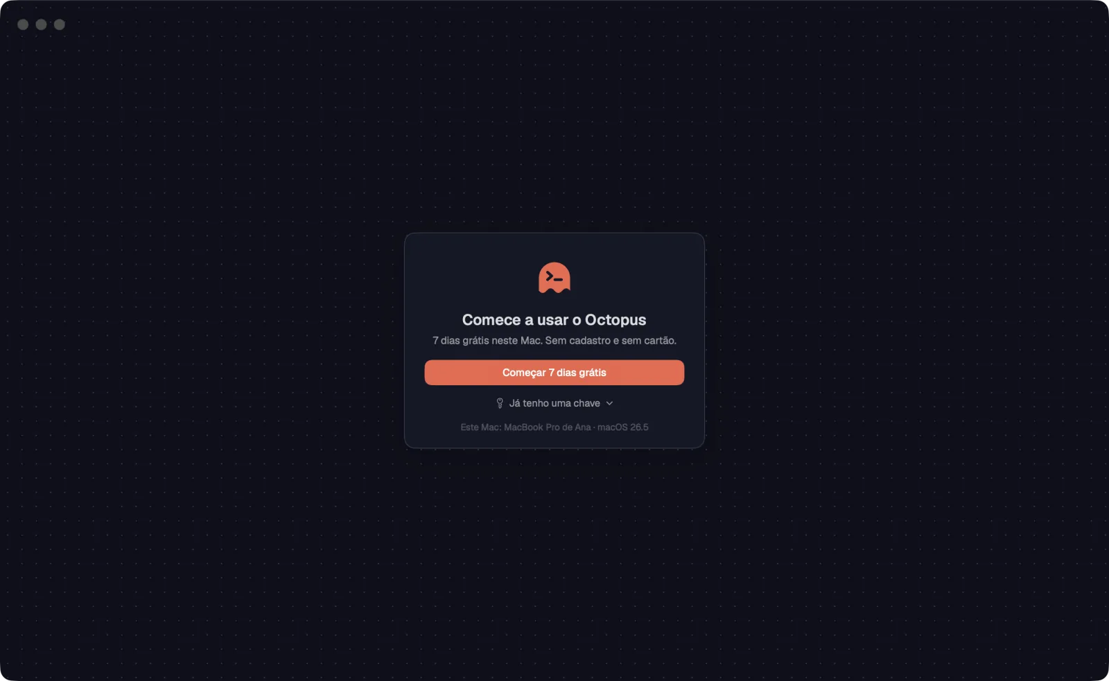 A tela para começar o teste