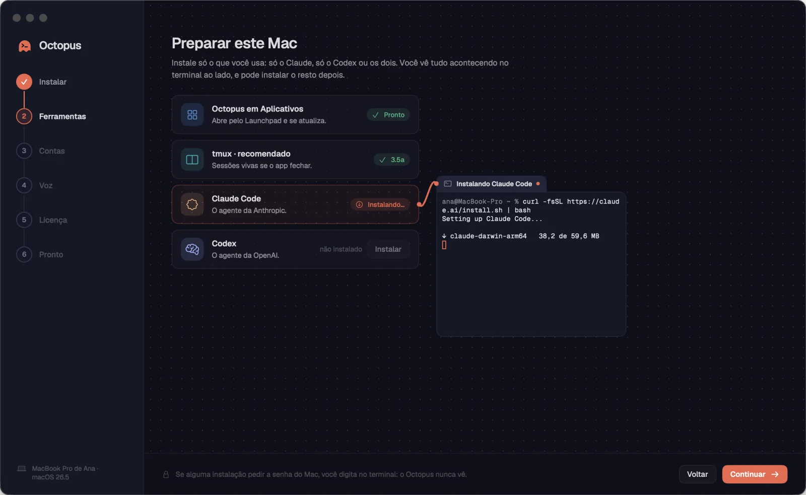 O passo “Preparar este Mac” (“Preparar este computador” no Windows e no Linux), com o terminal da instalação ao lado.